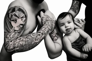 father giving hands with her baby daughter on his right and baby son on his left tattoo idea
