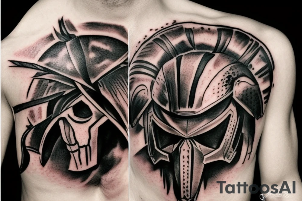 Spartan helmet half broken with skull tattoo idea
