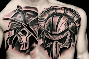 Spartan helmet half broken with skull tattoo idea