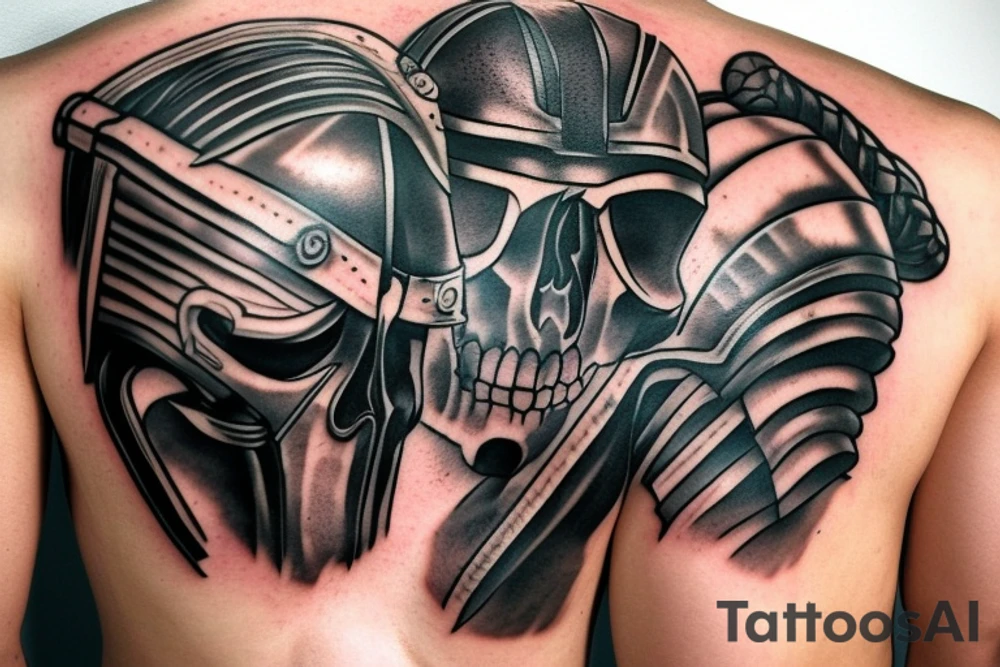 Spartan helmet half broken with skull tattoo idea