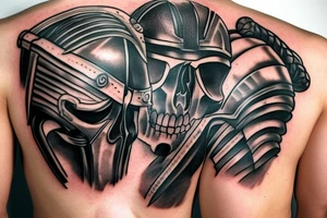 Spartan helmet half broken with skull tattoo idea