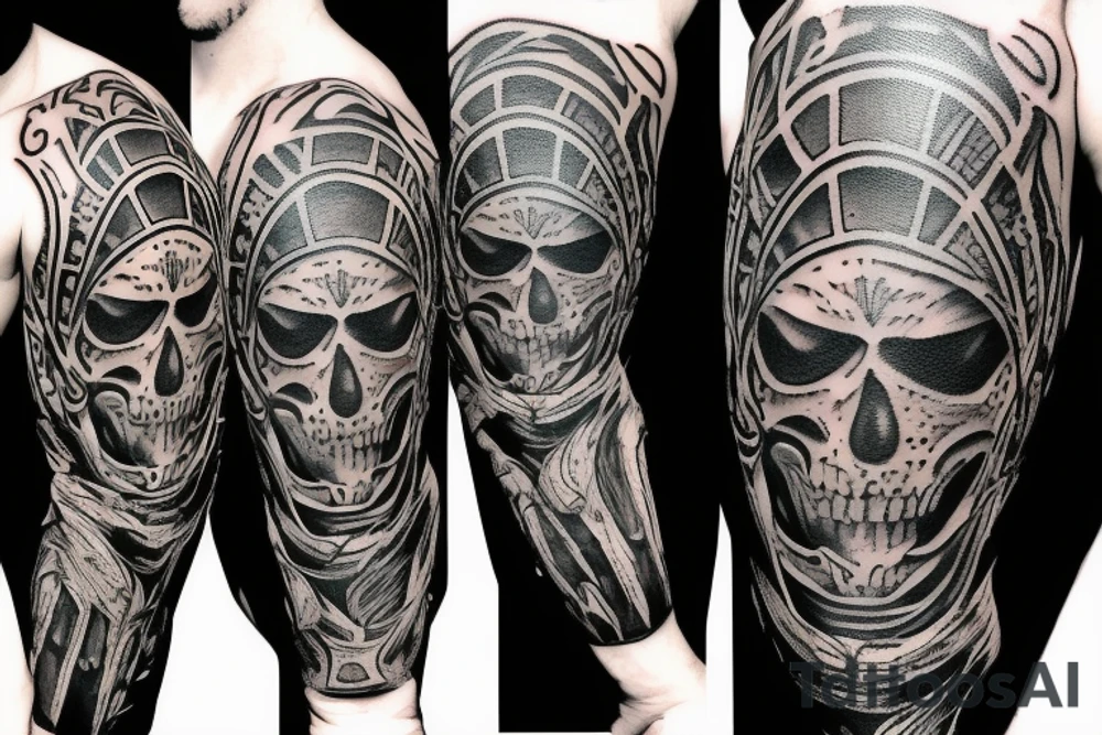 Spartan helmet half broken with skull tattoo idea