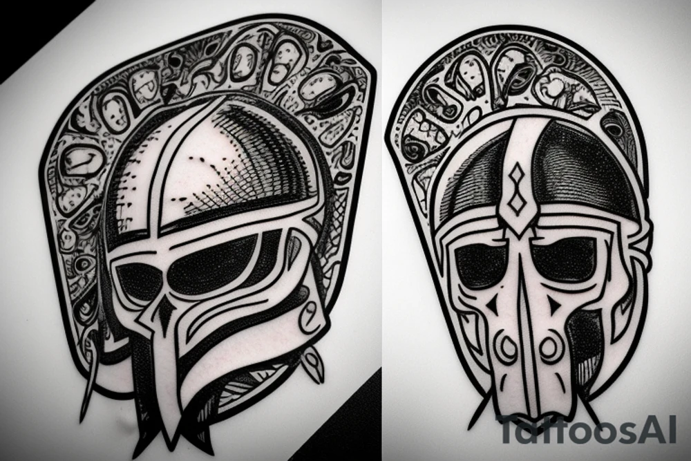 Spartan helmet half broken with skull tattoo idea