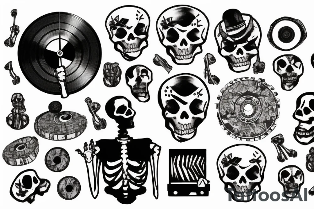 Skeleton holding vinyl record tattoo idea