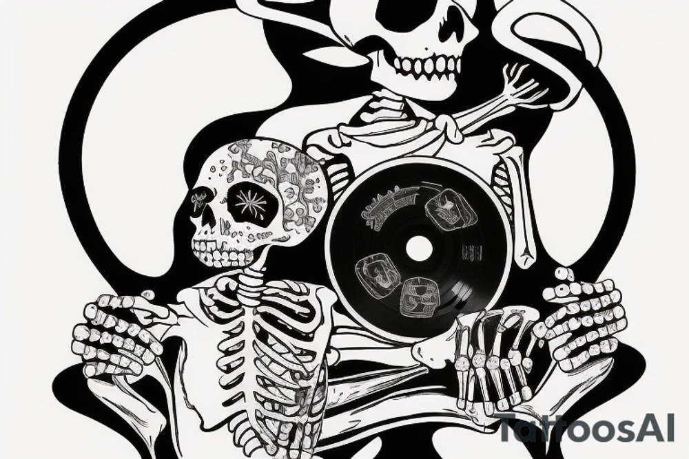 Skeleton with vinyl record in his hand tattoo idea
