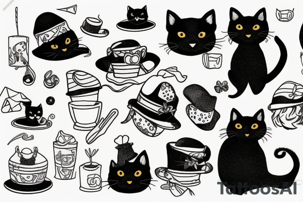 Black cat with funny hat and sweater tattoo idea