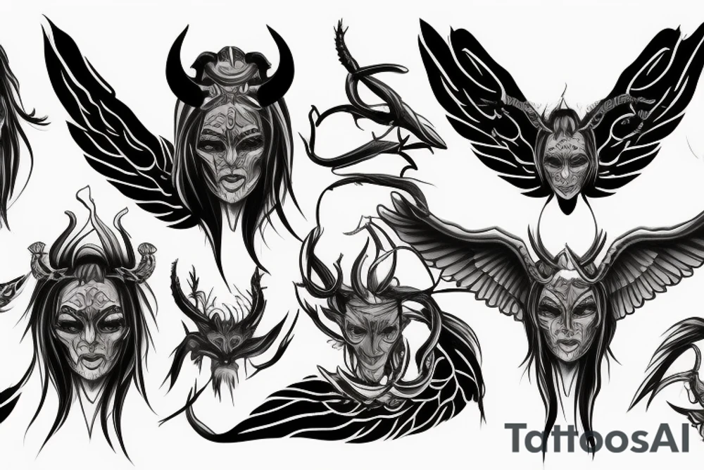 A demon with human form horns and wings of a demon tattoo idea