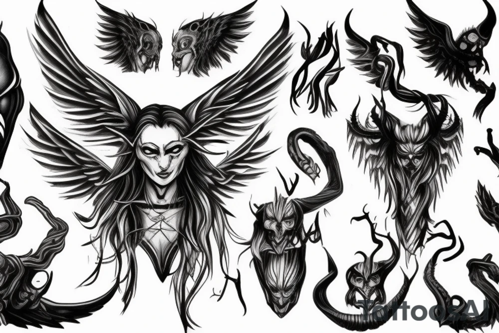 A demon with human form horns and wings of a demon tattoo idea