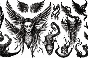 A demon with human form horns and wings of a demon tattoo idea