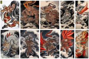 A Japanese styled tattoo depicting Master Chief riding the Nine Tails, while they battle Majin But on top of Godzilla. Everyone is wearing vibrant samurai outfits. tattoo idea
