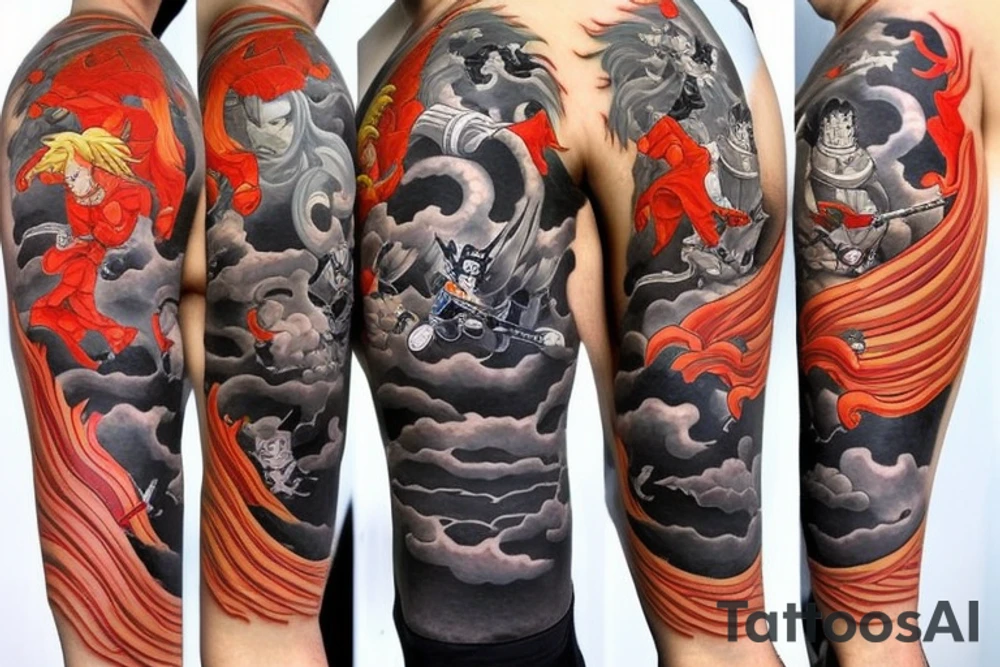 A Japanese styled tattoo depicting Master Chief riding the Nine Tails, while they battle Majin But on top of Godzilla. Everyone is wearing vibrant samurai outfits. tattoo idea