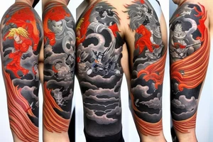 A Japanese styled tattoo depicting Master Chief riding the Nine Tails, while they battle Majin But on top of Godzilla. Everyone is wearing vibrant samurai outfits. tattoo idea
