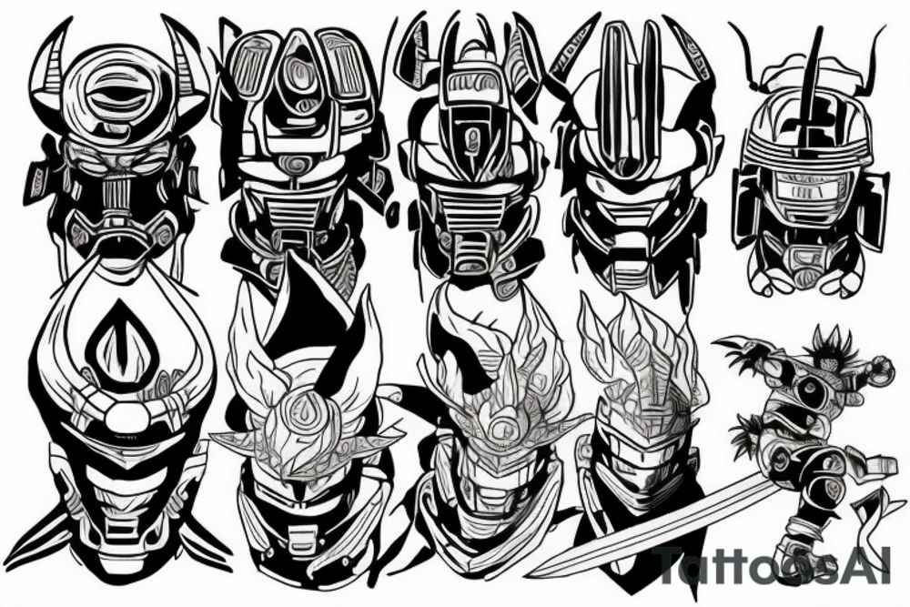 A tattoo depicting a Samurai battle between Master Chief from Halo, Cell from Dragon Ball Z, Nine Tails jinchuriki from Naruto, and Godzilla. tattoo idea