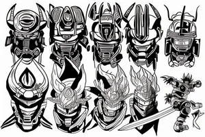 A tattoo depicting a Samurai battle between Master Chief from Halo, Cell from Dragon Ball Z, Nine Tails jinchuriki from Naruto, and Godzilla. tattoo idea