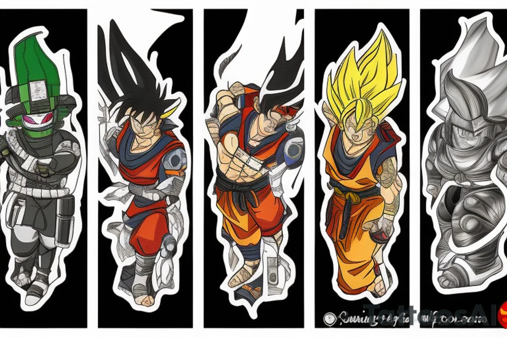 A tattoo depicting a Samurai battle between Master Chief from Halo, Cell from Dragon Ball Z, Nine Tails jinchuriki from Naruto, and Godzilla. tattoo idea
