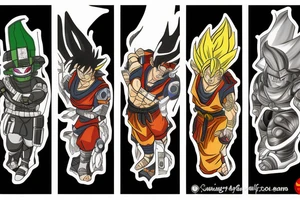 A tattoo depicting a Samurai battle between Master Chief from Halo, Cell from Dragon Ball Z, Nine Tails jinchuriki from Naruto, and Godzilla. tattoo idea
