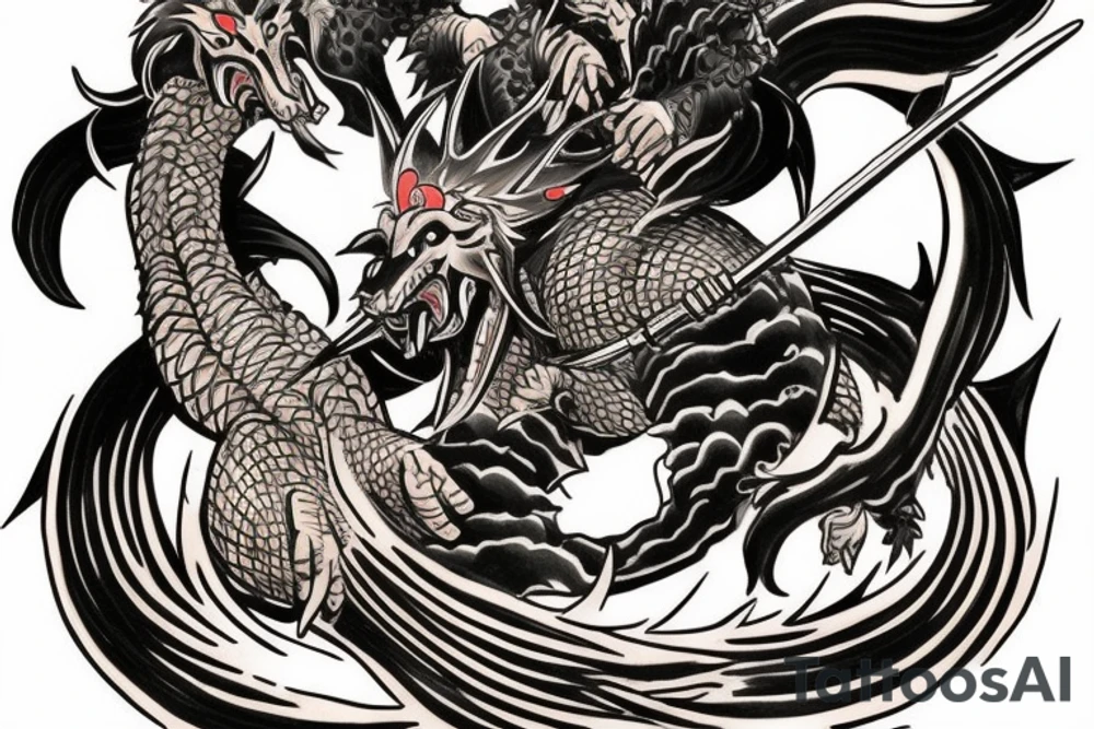 A tattoo depicting a Samurai battle between Godzilla and the Nine-Tails Fox from Naruto. tattoo idea