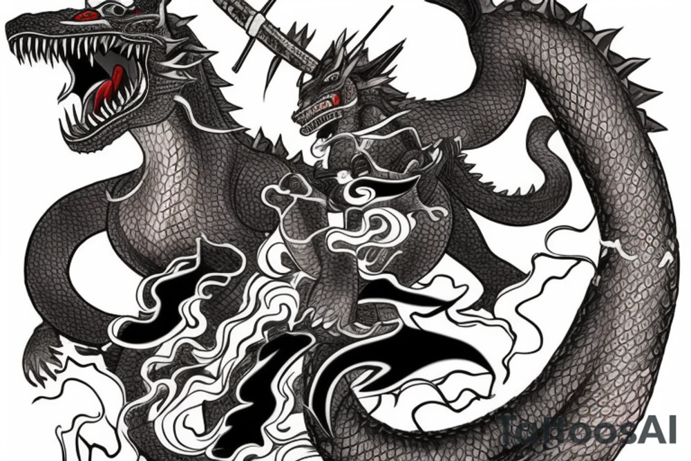 A tattoo depicting a Samurai battle between Godzilla and the Nine-Tails Fox from Naruto. tattoo idea
