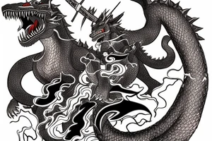 A tattoo depicting a Samurai battle between Godzilla and the Nine-Tails Fox from Naruto. tattoo idea