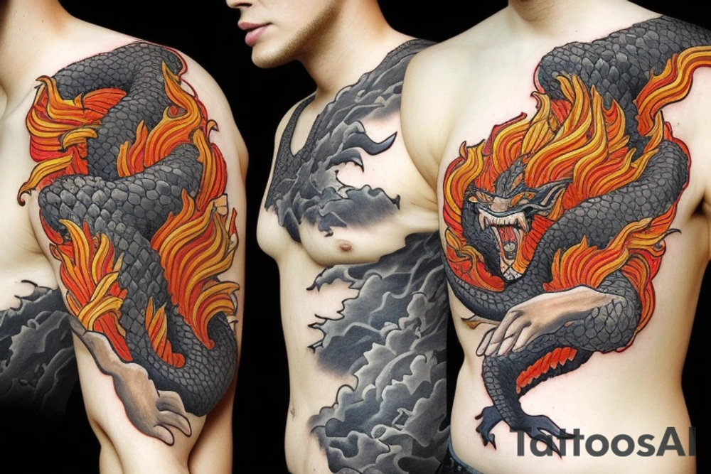 A tattoo depicting a Samurai battle between Godzilla and the Nine-Tails Fox from Naruto. Full color. tattoo idea