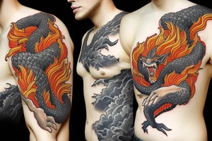 A tattoo depicting a Samurai battle between Godzilla and the Nine-Tails Fox from Naruto. Full color. tattoo idea