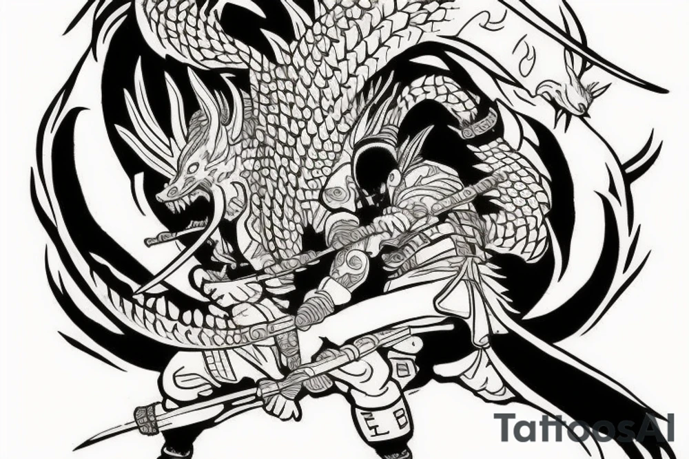 A tattoo depicting a Samurai battle between Godzilla and the Nine-Tails Fox from Naruto. Full color. tattoo idea