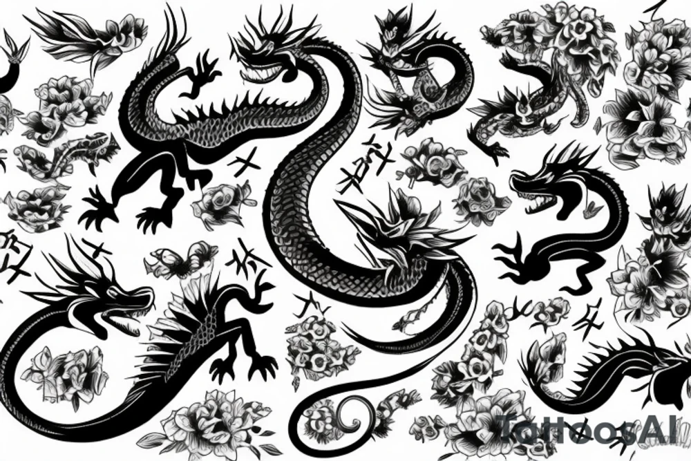 Dragón y flores tattoo idea