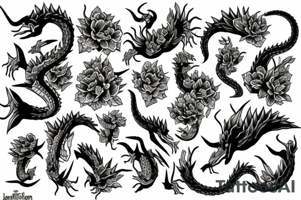 Dragón y flores tattoo idea