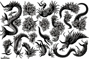 Dragón y flores tattoo idea