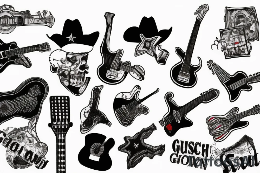 The guitar adorned with a pair of crossed guns and a cowboy hat, and American Flag tattoo idea
