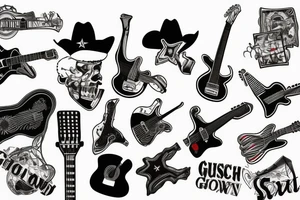 The guitar adorned with a pair of crossed guns and a cowboy hat, and American Flag tattoo idea