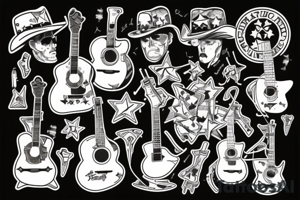 The guitar adorned with a pair of crossed guns and a cowboy hat, and American Flag tattoo idea