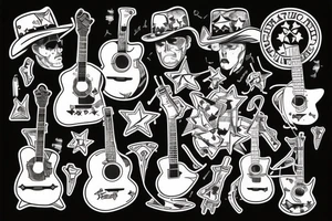 The guitar adorned with a pair of crossed guns and a cowboy hat, and American Flag tattoo idea