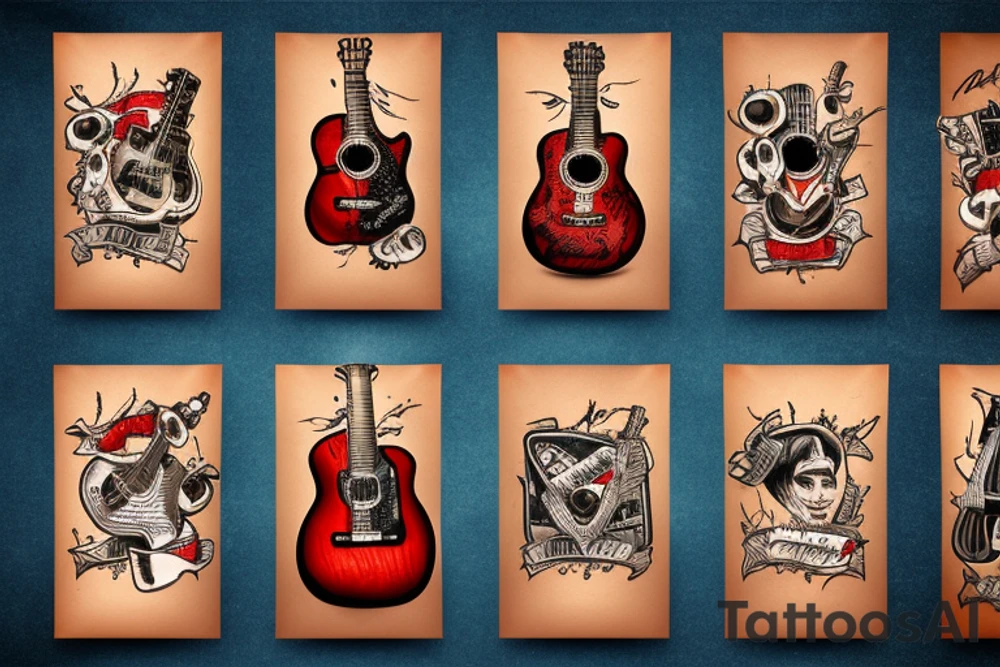 The guitar adorned with a pair of crossed guns and a cowboy hat, and American Flag tattoo idea