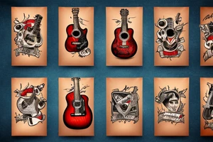 The guitar adorned with a pair of crossed guns and a cowboy hat, and American Flag tattoo idea