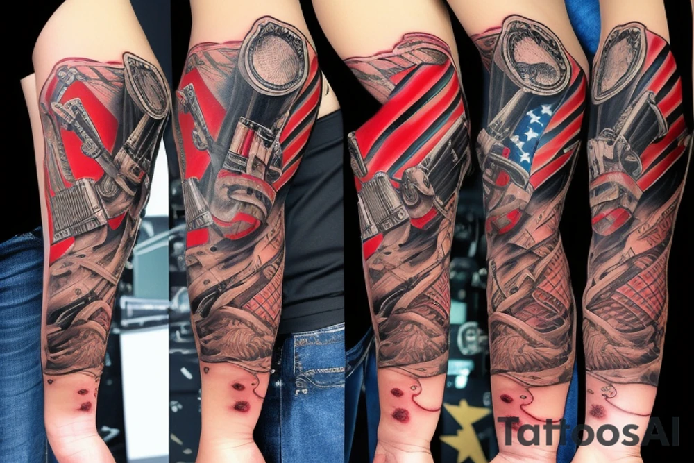 The guitar adorned with a pair of crossed guns and a cowboy hat, and American Flag tattoo idea