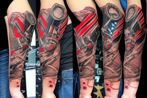 The guitar adorned with a pair of crossed guns and a cowboy hat, and American Flag tattoo idea