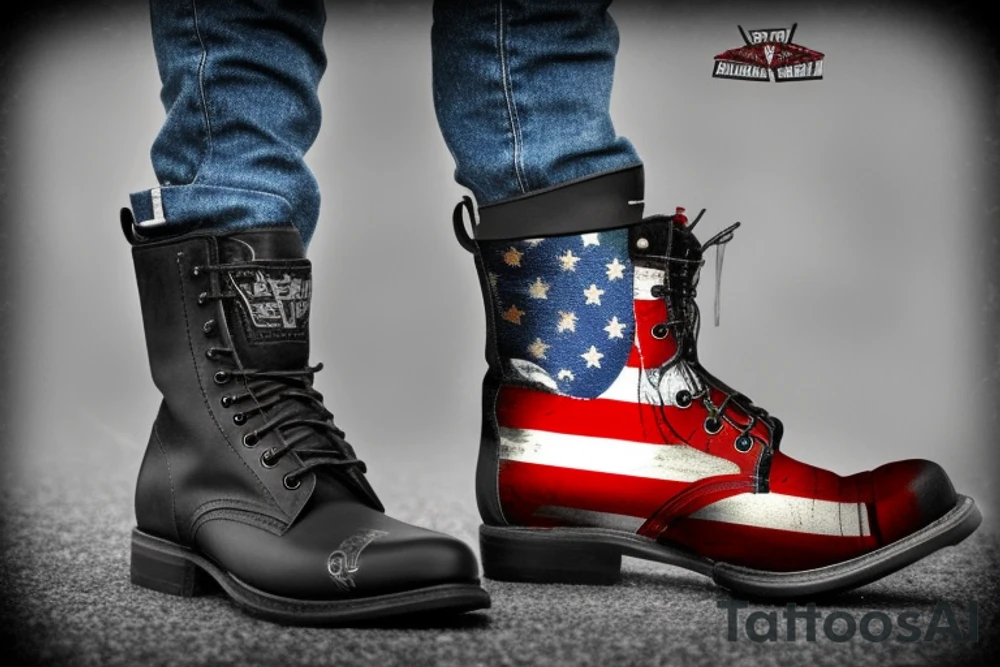 American Flag with Military boots, a rifle fades to guitar topped with cowboy hat tattoo idea