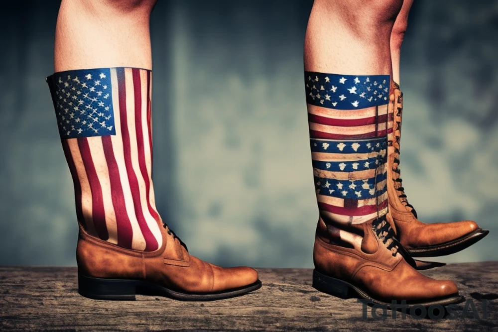 American Flag with Military boots, a rifle fades to guitar topped with cowboy hat tattoo idea