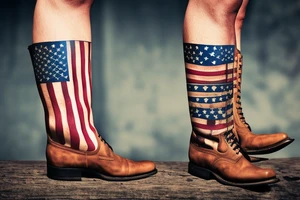 American Flag with Military boots, a rifle fades to guitar topped with cowboy hat tattoo idea