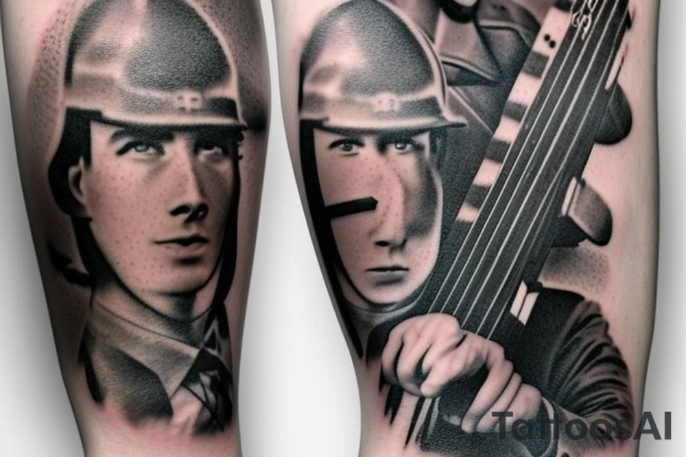 Tribute to fallen soldier with guitar instead of rifle tattoo idea