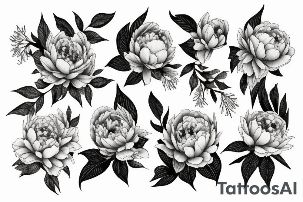 Peony flowers with leaf vines in a sleeve tattoo tattoo idea