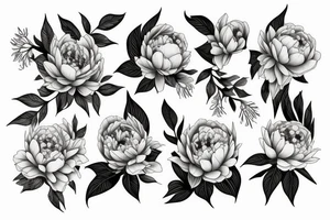 Peony flowers with leaf vines in a sleeve tattoo tattoo idea