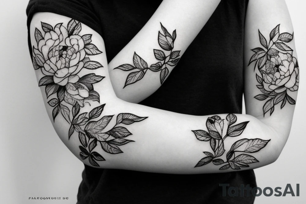 Peony flowers with leaf vines in a sleeve tattoo tattoo idea