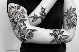 Peony flowers with leaf vines in a sleeve tattoo tattoo idea