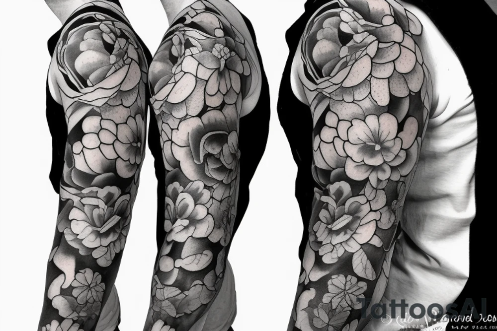 Peony flowers throughout vines in a sleeve tattoo tattoo idea