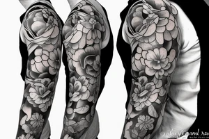 Peony flowers throughout vines in a sleeve tattoo tattoo idea