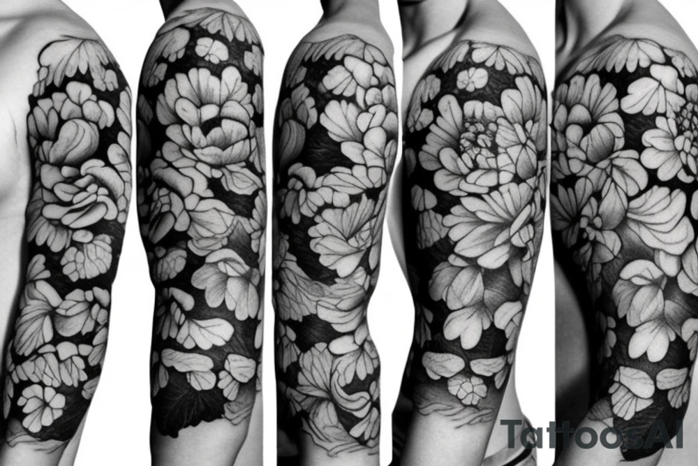 Peony flowers throughout vines in a sleeve tattoo tattoo idea