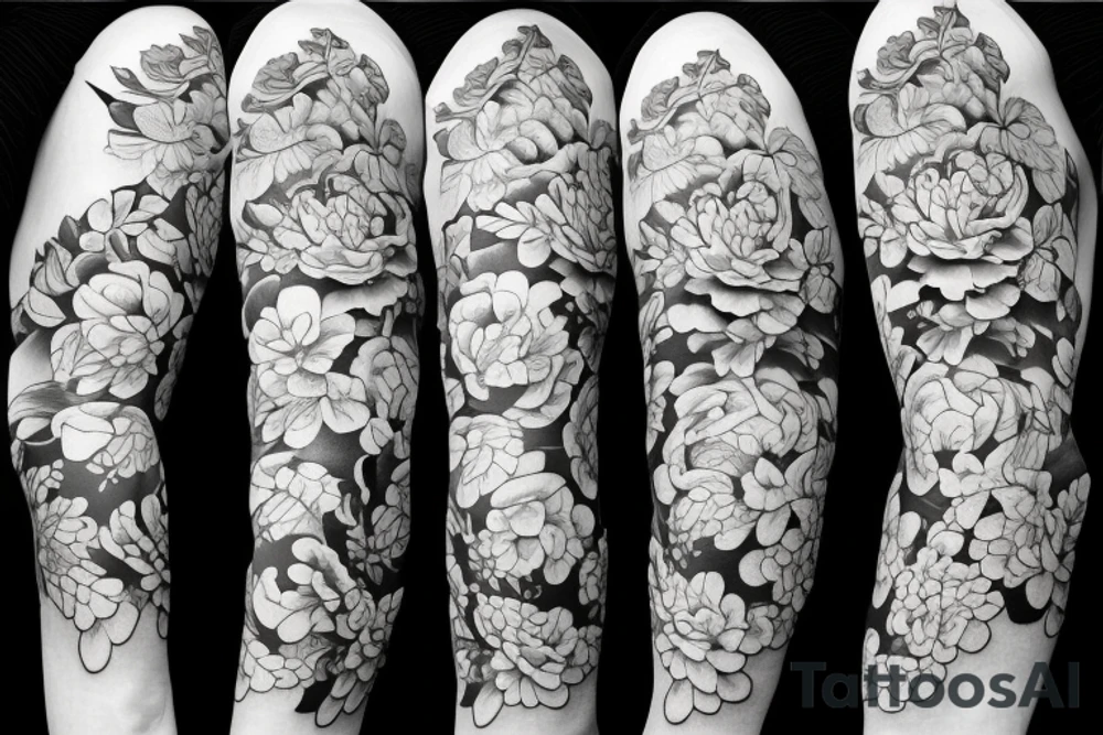 Peony flowers throughout vines in a half sleeve tattoo tattoo idea