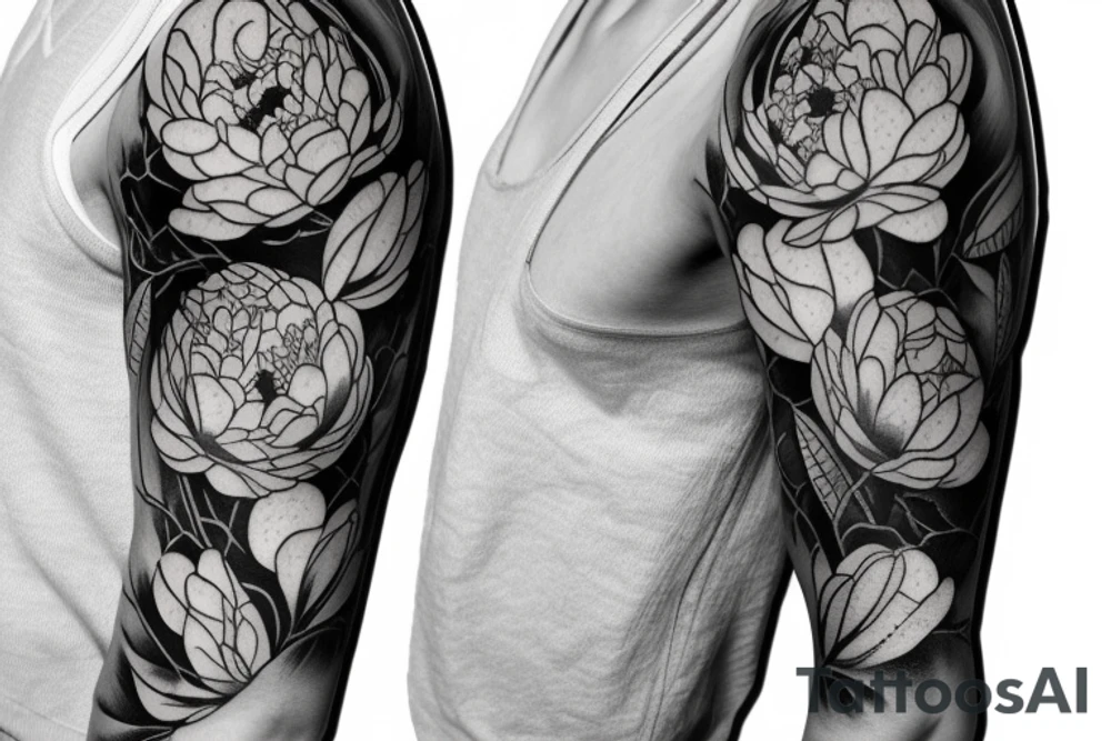 Peony flowers throughout vines in a half sleeve tattoo tattoo idea
